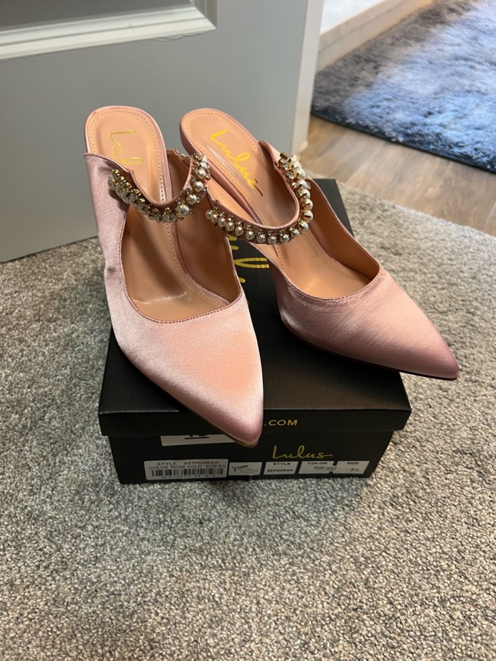Lulu's Blush Pink Satin Pointed-Toe Jeweled Mule 8.5